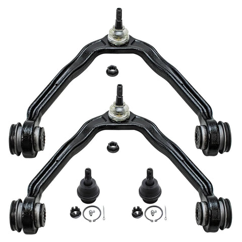 Front suspension kit with two black curved control arms, ball joints, bushings, and mounting hardware