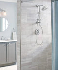 Chrome Replacement Handheld Showerhead With Four Function Eco Performance WaterSense Certified in a modern bathroom setting