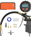 Digital Tire Pressure Gauge With Inflator 0-250 PSI Calibrated To ANSI B40.7 Grade 2A Air Chuck And Compressor Accessories Includes Storage Bag Heavy Duty Workhorse For Cars SUVs Trucks Black shown with accessories like hose, valves, and storage bag.