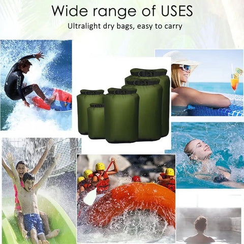 Ultimate Five Pack Waterproof Dry Sack Set, Ultra Lightweight Outdoor Gear Bags in various activities, Army Green