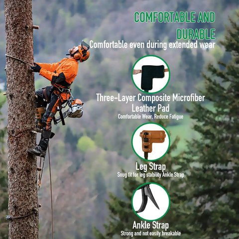 Heavy Duty Alloy Steel Tree Climbing Spikes Set With 350 Lb Load Capacity And Safety Seat in use by climber with comfort features