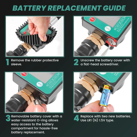 Battery replacement guide for Digital Oil Control Valve Flow Meter Dispenser Nozzle with step-by-step instructions.