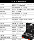 Image of 107 Piece Workhorse Allen and Torx Socket Set with various bit sizes and toolbox layout.
