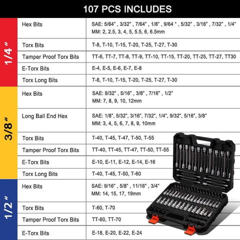 Image of 107 Piece Workhorse Allen and Torx Socket Set with various bit sizes and toolbox layout.