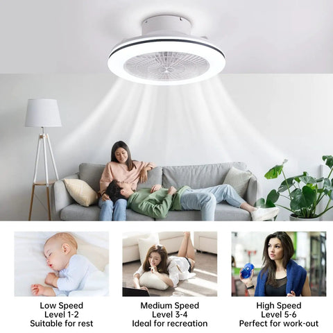 Remote Control Bladeless Ceiling Fan With Lights, 18.5 Inch Low Profile installed in a living room, lamp casting light on a sofa.