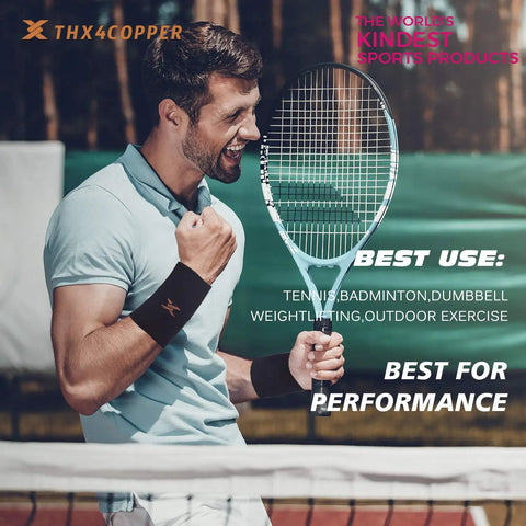 Man wearing Copper Infused Compression Wrist Sleeve For Men And Women Boost Circulation And Recovery All Day Comfort Odor Resistant No Sweat Up To 96 Hours 1 Pair Everyday Wear And Recovery Support while playing tennis.