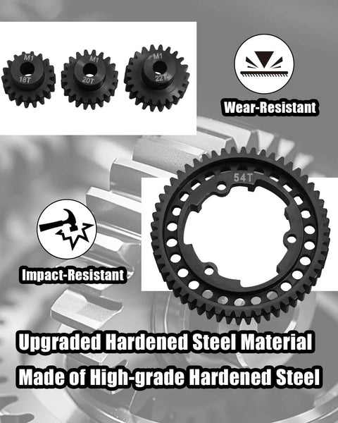 Beefed Up Hardened Steel Spur Gear Set With 18T 20T And 22T Pinions for X Maxx One Fifth, XO One, One Tenth Maxx, E Revo Two Point Zero VXL