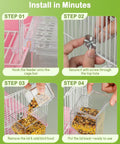 Clear Acrylic Automatic Bird Cage Feeder For Parakeets Budgies And Small Birds, No Mess Seed Dispenser Keeping Food Fresh And Dry, Birdie Approved Hassle Free Daily Setup installation steps, showing hooking, securing, and filling.
