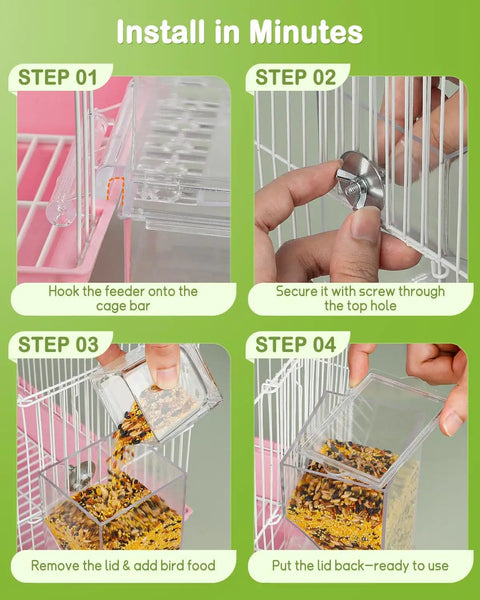 Clear Acrylic Automatic Bird Cage Feeder For Parakeets Budgies And Small Birds, No Mess Seed Dispenser Keeping Food Fresh And Dry, Birdie Approved Hassle Free Daily Setup installation steps, showing hooking, securing, and filling.