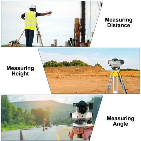 32X Automatic Optical Level Kit With Self Leveling Magnetic Dampened Compensator And Transport Lock shown measuring distance, height, angle.