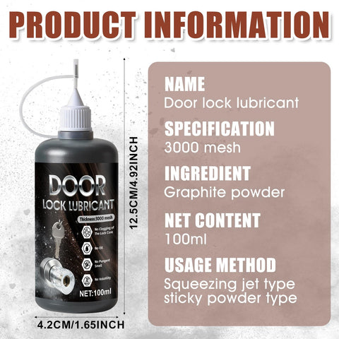 Dry Graphite Lock Lubricant Powder, 100ml bottle for sticky locks, label details ingredients, size, and usage method.