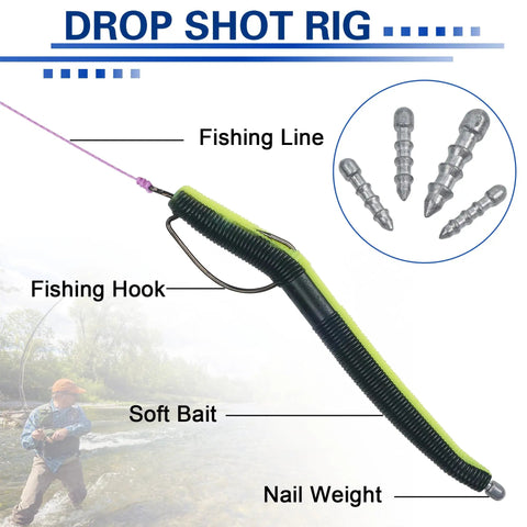 Pro Grade Nail Weights Kit For Bass Fishing 45 Piece Pencil Sinker Set shown in a drop shot rig setup with labeled parts