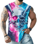 Men's 3D Skull Sleeveless Muscle Tank Top Making Your Workout Look Fresh With Super Soft Moisture Wicking Fabric Quick Dry Technology Hella Breathable For Summer Beach Vibes Or Heavy Lifting Sessions Daily worn by a muscular man with tattoos.