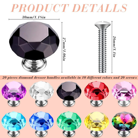 Crystal Drawer Pulls 20 Pack Diamond 30mm Cabinet Knobs For Dresser Drawers Kitchen Bookcase Wardrobe Multicolor Classic Style Dope Glass Hardware For Home Renovation, shown in 10 colors with screws.