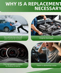 Collage showing reasons for fuel pump replacement: car won't start, engine damage, fuel gauge issues, abnormal noise