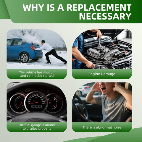 Collage showing reasons for fuel pump replacement: car won't start, engine damage, fuel gauge issues, abnormal noise