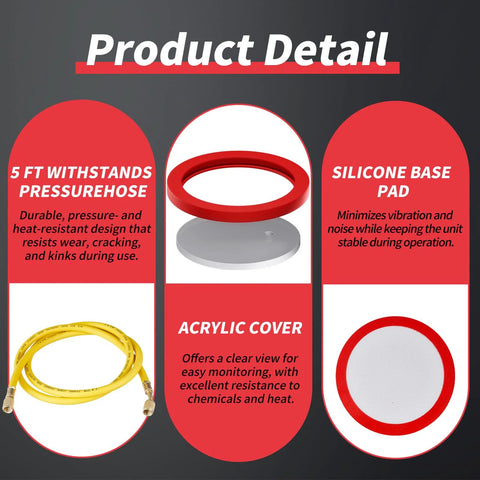 ROGVOC 1.5 gal vacuum chamber with acrylic lid, 5 ft pressure hose, silicone base pad, red ring