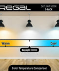 Color temperature chart under hanging lights, showing daylight 5000K spectrum, for Bright Daylight 5000K A19 LED Bulbs, 800 Lumens, 9-Watt, 5-Pack.