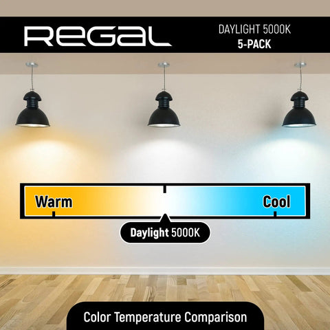 Color temperature chart under hanging lights, showing daylight 5000K spectrum, for Bright Daylight 5000K A19 LED Bulbs, 800 Lumens, 9-Watt, 5-Pack.
