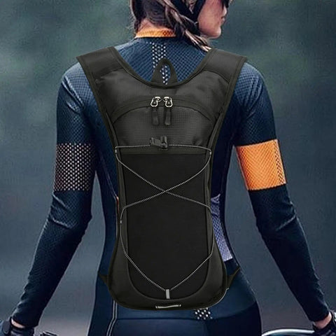 Hydration Pack Backpack With Water Bottle Holder, Reflective Strips, Lightweight Nylon Reservoir on person outdoors