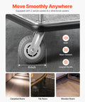 Close-up of 6-inch rubber wheel on hotel luggage cart with brushed stainless steel finish and grey carpeted deck for easy transport.
