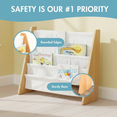 4-Tier Front-Facing Kids Book Display Organizer For Playrooms And Bedrooms Montessori Toddler Bookshelf in natural wood and white