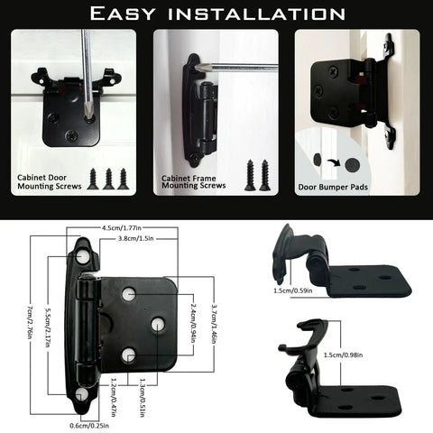 Half Overlay Black Cabinet Hinges 36 Pack Self Closing Heavy Duty Soft Close Kitchen Cabinet Doors showing installation details.