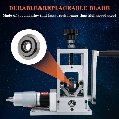 Heavy Duty Wire Stripper With Hand Crank For Manual Or Drill Auto Peeling features durable and replaceable alloy blade.