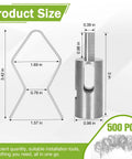 T Post Clips For Wire Fencing Kit With 500 Pcs Ez Twist Fence Ties And Free Drill Chuck Tool, shows clip and tool dimensions