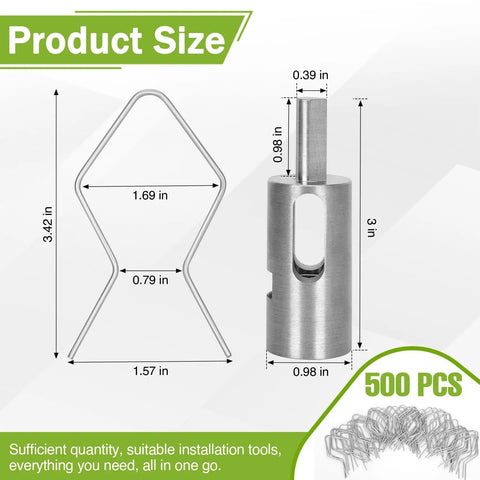 T Post Clips For Wire Fencing Kit With 500 Pcs Ez Twist Fence Ties And Free Drill Chuck Tool, shows clip and tool dimensions