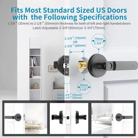 Biometric Door Lock With Smart App Control, Fingerprint Knob, Remote Unlock, And 3 In 1 Access, Black, door size specs