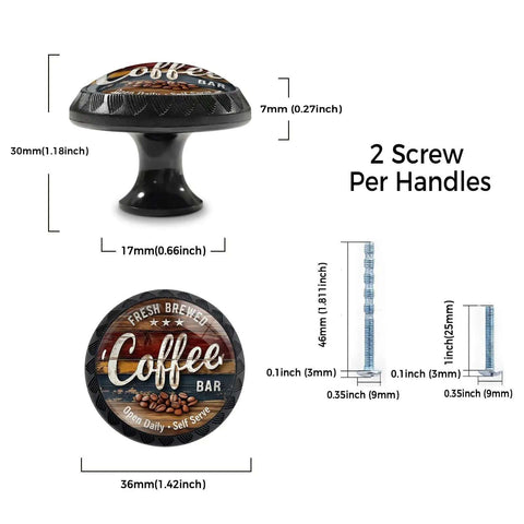 4 Pack Fresh Brewed Coffee Cabinet Knobs Acrylic Round Drawer Pulls For Dresser Cupboard Doors Handles Open Daily Self Serve Cafe Vibe Coffee Bar Decor Accent, side and top view with dimensions.