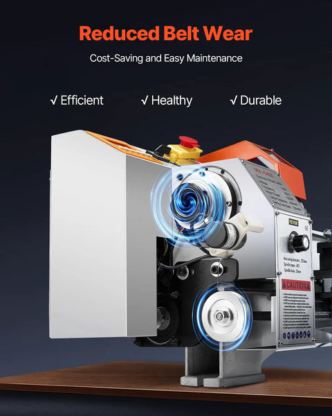 VEVOR Precision Benchtop Metal Lathe 8.7 X 18 In showing reduced belt wear and efficient maintenance features.