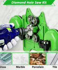 Rock Solid Workhorse 16 Piece Diamond Hole Saw Kit With Double Suction Cup Guide and Four Bearing Jig being used on marble surface.