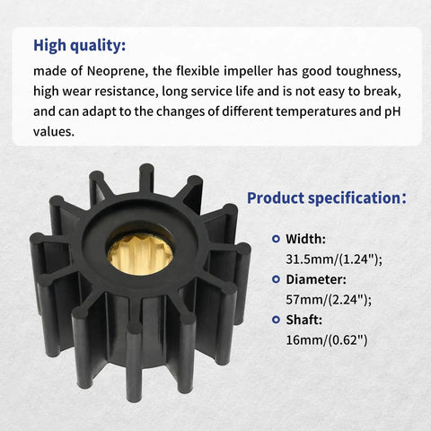 Water Pump Impeller 2-1/4 Inch For Volvo Penta Johnson And Sierra Marine Engines 4.3L 5.0L 5.7L installed view with specifications