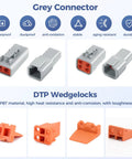Grey connectors and orange DTP wedgelocks of 32 Piece 2 Pin Waterproof Automotive Connector Kit With Four Sets Including Plugs And Receptacles Size 12 Contact Pins 14 To 12 AWG Wire Gauge 25 Amp Rating Beefed Up Rugged Weatherproof Electrical Connectors.