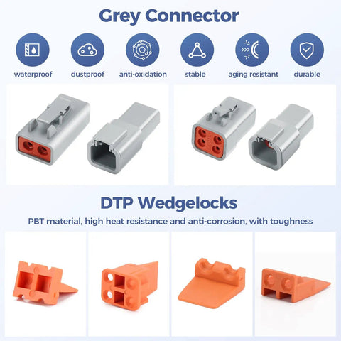 Grey connectors and orange DTP wedgelocks of 32 Piece 2 Pin Waterproof Automotive Connector Kit With Four Sets Including Plugs And Receptacles Size 12 Contact Pins 14 To 12 AWG Wire Gauge 25 Amp Rating Beefed Up Rugged Weatherproof Electrical Connectors.