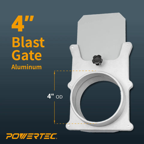 4 Inch Aluminum Blast Gate for Dust Collection System showing 4 inch OD and Powertec branding