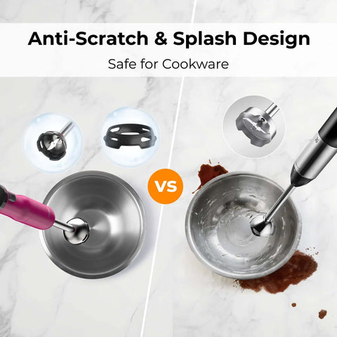 Comparison of Premium Cordless Immersion Hand Blender With Heavy Duty Motor And 6 In 1 Multifunctional Attachments in stainless bowl.