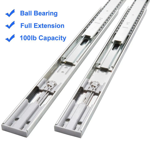 Close-up of Six Pairs Of 22 Inch Soft Close Full Extension Drawer Slides With Side Mount Ball Bearings, zinc finish.