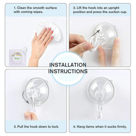 Installation instructions for Clear Suction Cup Hooks Set Of 6 For Shower, Small Yet Mighty, Heavy Duty Removable And Reusable.