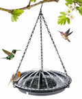 Image of Solar Powered Bird Bath Fountain Kit For Outdoor Hanging Use With 4 Water Pattern Sprays Hummingbird Pump No Fuss Setup Garden Yard Patio Lawn Decor That Attracts Birds, showing hanging fountain with birds.