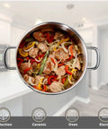 Six Piece Stainless Steel Pots And Pans Set With Nonstick Coating Induction Compatible pot with vegetables and meat