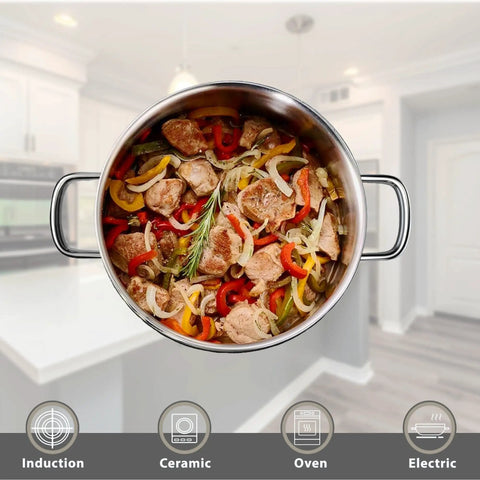 Six Piece Stainless Steel Pots And Pans Set With Nonstick Coating Induction Compatible pot with vegetables and meat
