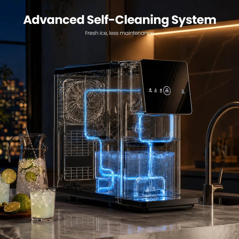 Smooth Crew Countertop Nugget Ice Maker With Tap On Dispenser features an advanced self-cleaning system with transparent design.