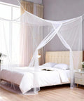 Mosquito Net Bed Canopy With Princess Lace, White Four Corner Support, Fits Twin, Full, Queen, King Sizes, Elegant Bedroom Decor