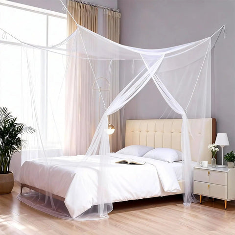 Mosquito Net Bed Canopy With Princess Lace, White Four Corner Support, Fits Twin, Full, Queen, King Sizes, Elegant Bedroom Decor