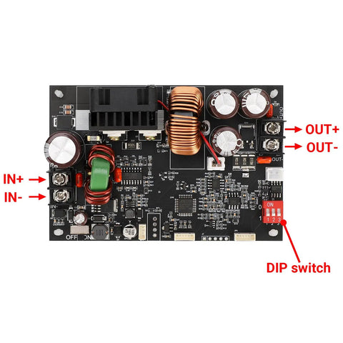 Knockout Durability DC Buck Converter With Crisp Digital Meter, showing input/output connections and DIP switch, compact design.