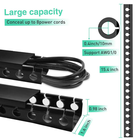 Diagram of the Updated Open Slot Cable Raceway Kit with size dimensions for under desk cable management, fits AWG 1/0 cords.