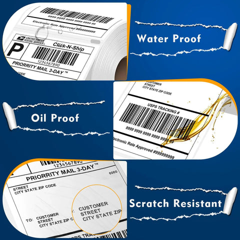 3300 Direct Thermal 4x6 Shipping Labels With Perforated White Paper And Strong Adhesive, showcases waterproof, oil-proof, scratch-resistant features.